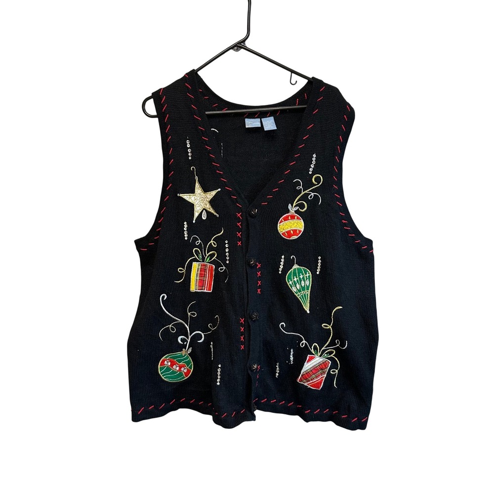 Holiday Traditions Womens 2X Black Knit Christmas Vest Ornaments‎ Gifts Star